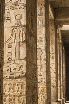 Egypt, Luxor, West Bank, The temple of Ramesses 111 at Medinet Habu, Columns in the portico of the second court