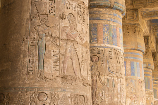 Egypt, Luxor, West Bank, The temple of Ramesses 111 at Medinet Habu, Columns in the portico of the second court