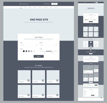 One page website design template for business. Landing page wireframe. Modern responsive design. Ux ui website: home, choice, gallery, features, order, testimonials, news, contacts