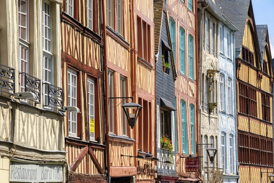 France, Normandy (Normandie), Seine-Maritime department, Rouen. Half-timbered buildings along Rue Martainville.