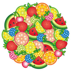 Design for fabric textile, kitchen, clothes. Summer background with tropical fruits and berries. Watermelon, cherry, raspberry, blueberry, strawberry, orange, lemon, and lime