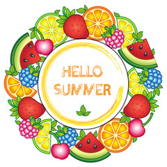 Round Fruits frame. Hello summer. Watermelon, cherry, raspberry, blueberry, strawberry, orange, lemon.