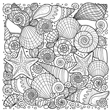 coloring book for adult, for meditation and relax. Round shape of sell, anchors, shells, stones and sand. Black and white image on a white background 