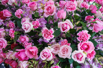 ピンクのバラ、カーネーション、花、花束