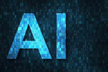 Artificial intelligence illustration with AI over binary code matrix background - obrazy, fototapety, plakaty