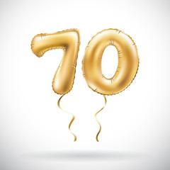 vector Golden number 70 seventy metallic balloon. Party decoration golden balloons. Anniversary sign for happy holiday, celebration, birthday, carnival, new year. - obrazy, fototapety, plakaty