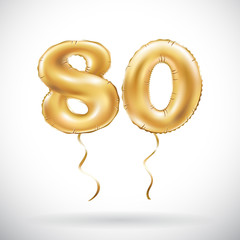 vector Golden number 80 eighty balloon. Party decoration golden balloons. Anniversary sign for happy holiday, celebration, birthday, carnival, new year. - obrazy, fototapety, plakaty