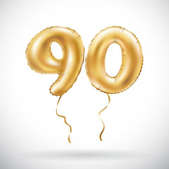 vector Golden number 90 ninety metallic balloon. Party decoration golden balloons. Anniversary sign for happy holiday, celebration, birthday, carnival, new year. - obrazy, fototapety, plakaty