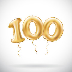 vector Golden number 100 hundred metallic balloon. Party decoration golden balloons. Anniversary sign for happy holiday, celebration, birthday, carnival, new year.