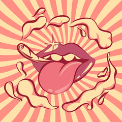 Pop art retro lips with roll-up cigarette and clouds of smoke, vector illustration, vintage banner in red tone