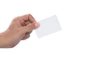 Hand holding white blank credit card ,isolated white background,copy space..Online business concept..