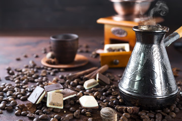 Old coffee pot and beans