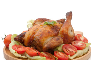 close up roast chicken on wooden plate  isolated on white