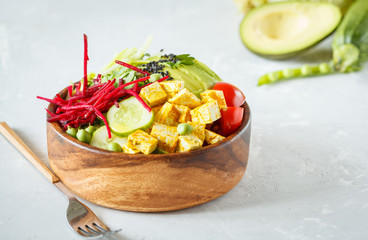 buddha bowl with tofu, zucchini pasta