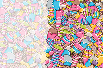 Ice cream cartoon doodle design. Cute background concept for party greeting card,  decoration, advertisement, banner, flyer, brochure. Hand drawn vector illustration. 