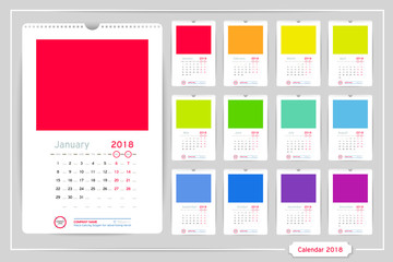 Monthly Calendar for Year 2018. Vector Design Template with Space for Photo and Corporate elements on dark background. Portrait Orientation for Wall or Desktop. Set of 12 Months. Dates in circles