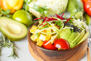 buddha bowl with tofu, zucchini pasta