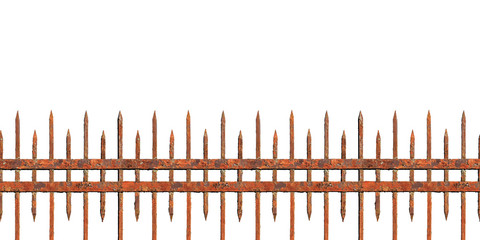 Old rusty forged fence isolated on white background. Metal paling in the form of a peak, a medieval fence, a panorama
