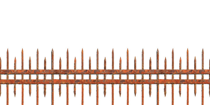 Old rusty forged fence isolated on white background. Metal paling in the form of a peak, a medieval fence, a panorama