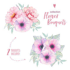 Watercolor hand painted flower pink anemone and peony bouquet isolated
