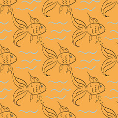 Fototapeta premium Cartoon gold fish, seamless vector illustration with hand drawn fish