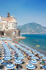 Garden poster Positano beach, Amalfi Coast, Italy Amalfi town and summer Atrani beach with umbrellas , Italy