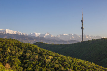 Kok Tobe hill and mountains view in spring, Almaty, Kazakhstan