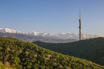 Poster Kok Tobe hill and mountains view in spring, Almaty, Kazakhstan © allenkayaa