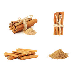 Collage of cinnamon sticks on a white background