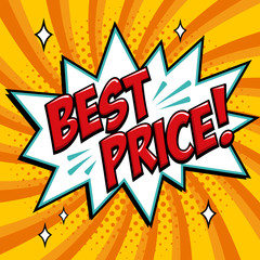 Best price - Comic book style word on a yellow background. Best price comic text speech bubble. Banner in pop art comic style. Color summer banner in pop art style Ideal for web. Decorative background