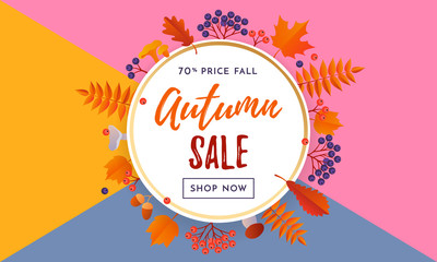 Autumn sale shopping discount vector poster fall maple leaf gold web banner
