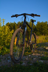 Fototapeta na wymiar Black mountain bike among the grass.Hobbies, nature, health