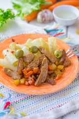 Pasta with soy meal. Soybean meat with italian pasta.