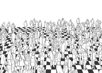 Illustration of crowded waiting room in perspective and black and white