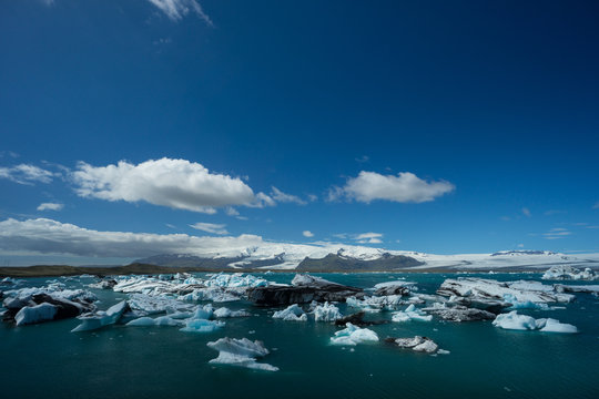 Iceland - Impressive landscape of giant icebergs aerial photograph