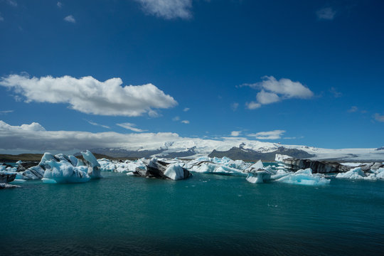 Iceland - Aerial photograph of giant icebergs on water