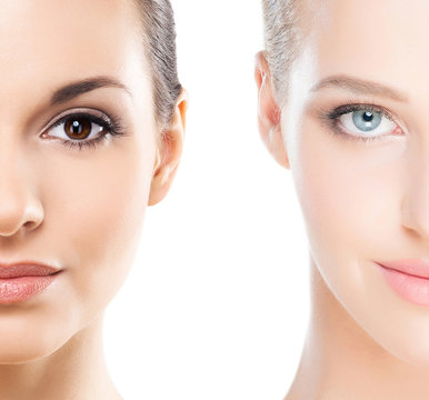 Close-up collage of a two female portraits. Face lifting, skincare, pampering and spa concept.