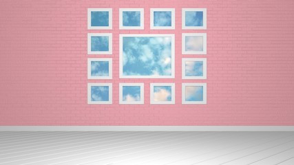 3D rendering white and pink room with view to the blue sky through the windows