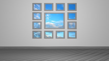 3D rendering white and grey room with sky view through the windows