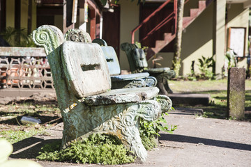 Old stone benches in the village at Tortuguero, Costa Rica.