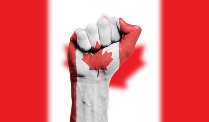 Canada flag painted on a clenched fist. Strength, Power, Protest concept