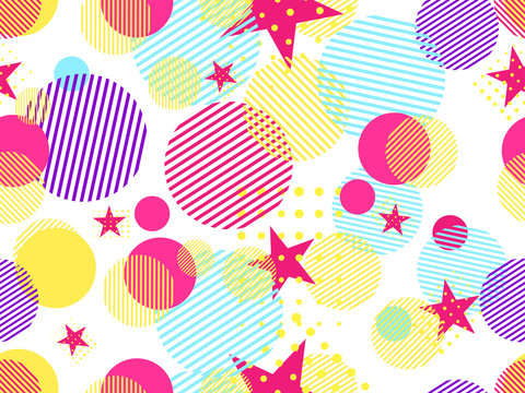 Memphis seamless pattern. Pop art dotted and geometric elements memphis in the style of 80's. Vector illustration