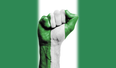 Nigeria flag painted on a clenched fist. Strength, Power, Protest concept