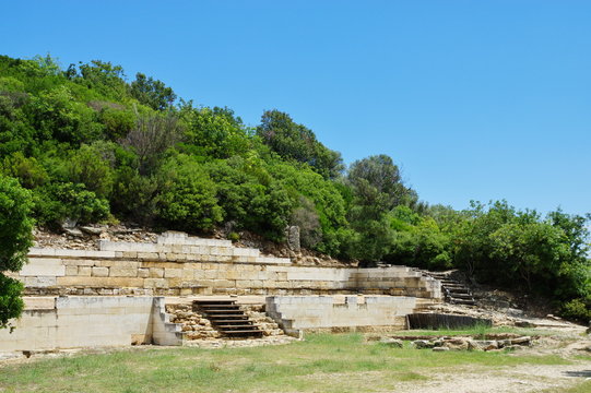 Ruins of ancient Stagira. Antique colony of the 7th century BC. Ruined in the fourth century BC, then rebuilt at the request of Aristotle. Aristotle's birthplace and burial site. 