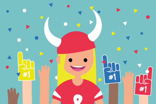 Young excited character wearing football uniform surrounded by a crowd of fans / flat editable vector illustration, clip art