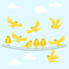 Stock vector illustration yellow cute birds, white clouds on blue flat design 