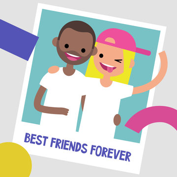 Best friends photo frame. Two young friends hugging each other. Flat editable vector illustration, clip art