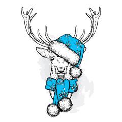 Beautiful deer in Santa's hat. Vector illustration for a postcard or a poster. New Year's and Christmas. Winter holidays.
