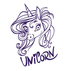 Unicorn head portrait vector illustration. Magic fantasy horse design for children t-shirt and bags. Unicorn with rainbow hair