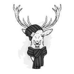 A beautiful deer in a hat and scarf. Vector illustration for a postcard or a poster, print for clothes. Fashion & Style.
